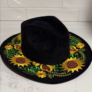 Black Felt Hat with Sunflowers Floral Western Boho Women’s Made in Mexico